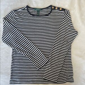 Lauren Ralph Lauren Navy and White Striped Button Shoulder Top Size Small